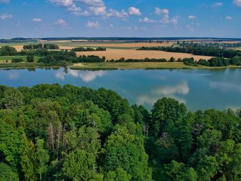 Scenic view of trees by lake against sky