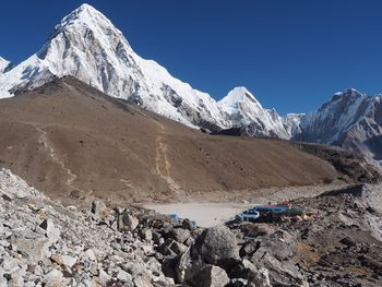 Scenic view of snowcapped mountains against clear sky