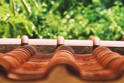 Close-up of wooden chairs against trees