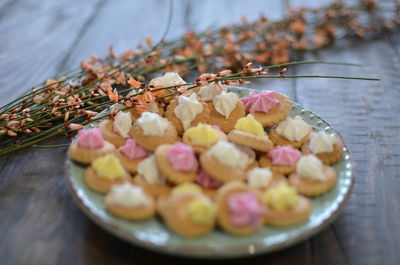 High angle view of dessert in plate on table