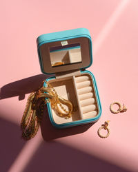 High angle view of beauty products on table