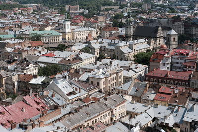 High angle view of houses in city