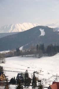 Scenic view of snow covered mountains