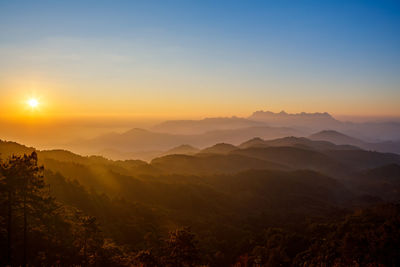 Scenic view of mountains against sky during sunset