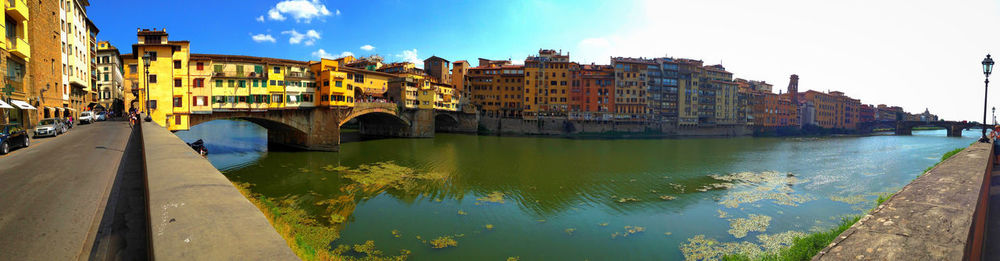 Bridge over river against buildings in city