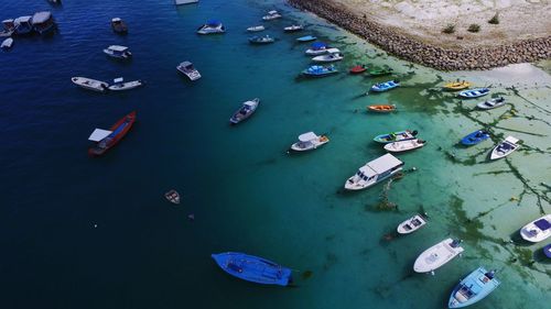 High angle view of boats moored on sea