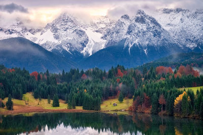 Scenic view of mountains and lake against sky during winter