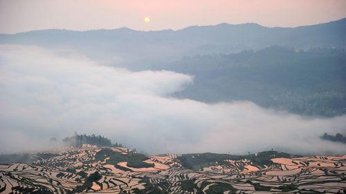 High angle view of mountains against sky