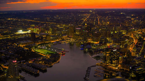 High angle view of illuminated cityscape at sunset.boston,usa