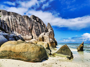 Panoramic view of rocks on beach against sky