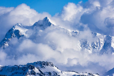 Scenic view of mountains against cloudy sky