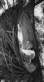 Low angle view of man sitting on tree