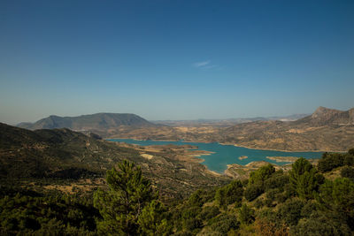 Scenic view of bay against clear blue sky