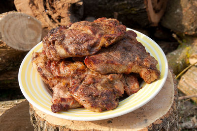 High angle view of meat in cooking pan