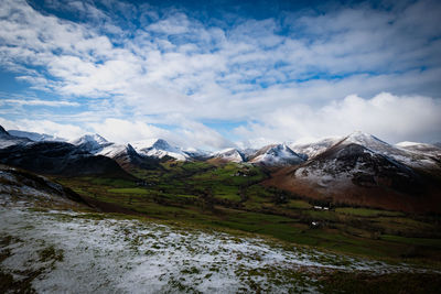 Scenic view of snowcapped mountains against sky