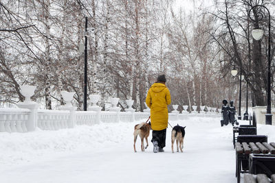 Woman walking with dogs on snow covered street