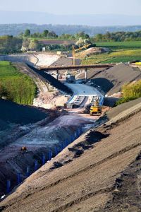 High angle view of construction site against sky