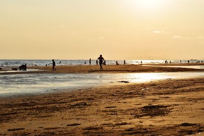 Silhouette people on beach against sky during sunset