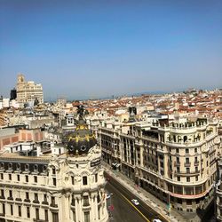 High angle view of buildings against clear sky