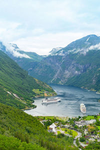 Geiranger seaport view point. norway nature and travel background. tourism holidays and travel.