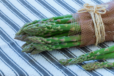 High angle view of asparaguses on table