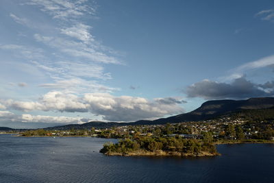 Aerial view of city against cloudy sky