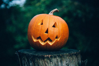 Close-up of pumpkin on wooden post during halloween