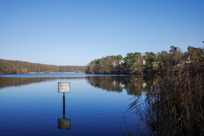 Scenic view of lake against clear blue sky