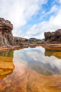 Scenic view of lake and rock formation against sky