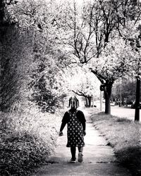 Rear view of women walking on footpath