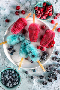 High angle view of ice cream with fruits