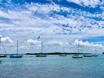 Sailboats in sea against sky