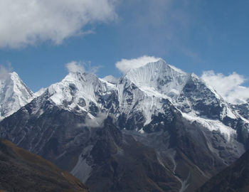 Scenic view of snow covered mountains against sky