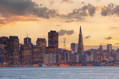 High angle view of city at sunset