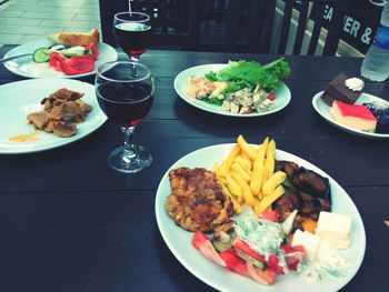 High angle view of food served on table