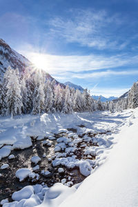 Scenic view of snow covered mountains against sky