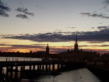 View of city at waterfront during sunset