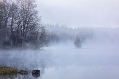 Scenic view of lake against sky during foggy weather