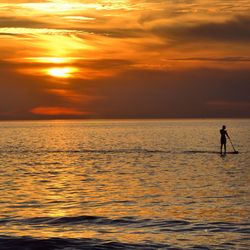 Silhouette man paddleboarding at sea against sky during sunset