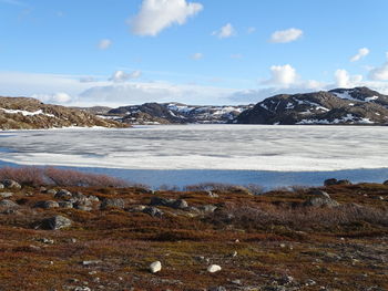 Scenic view of snowcapped landscape against sky