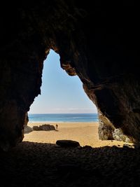 Scenic view of sea seen through cave