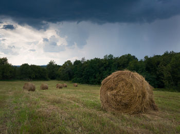 Hay bales on field against sky