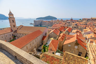 High angle view of townscape against clear sky