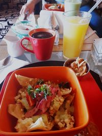 High angle view of breakfast served on table