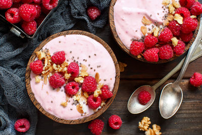 High angle view of strawberries in bowl