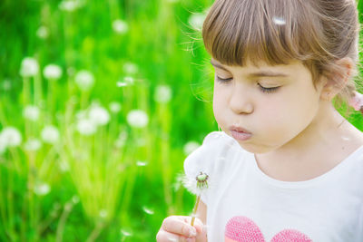 Close-up of girl blowing flowers