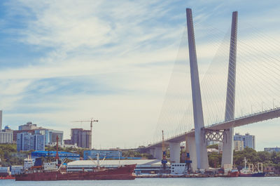 View of suspension bridge over river