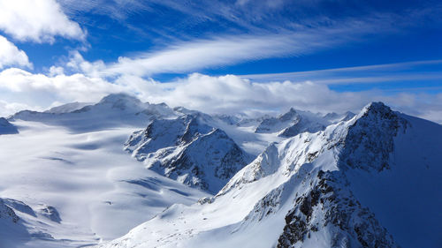 Scenic view of snow covered mountains against sky