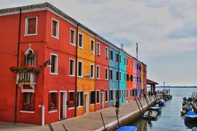 Group of people on building by sea against sky