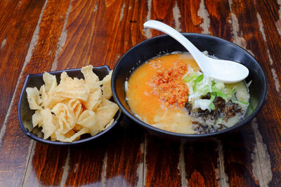 High angle view of soup in bowl on table